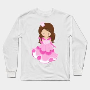 Cute Princess, Crown, Pink Dress, Brown Hair Long Sleeve T-Shirt